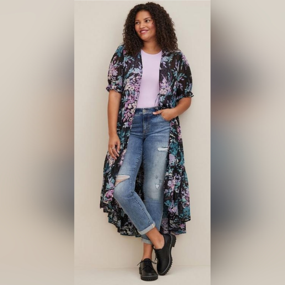 Torrid Chiffon Clip Dot High-low Floral Ruffle Kimono (Size 2 Torrid Sizing)